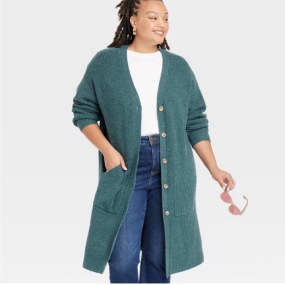 AVA & VIV Green Open Ribbed Cardigan Sweater Duster Long 1X Ultrasoft - Picture 1 of 12